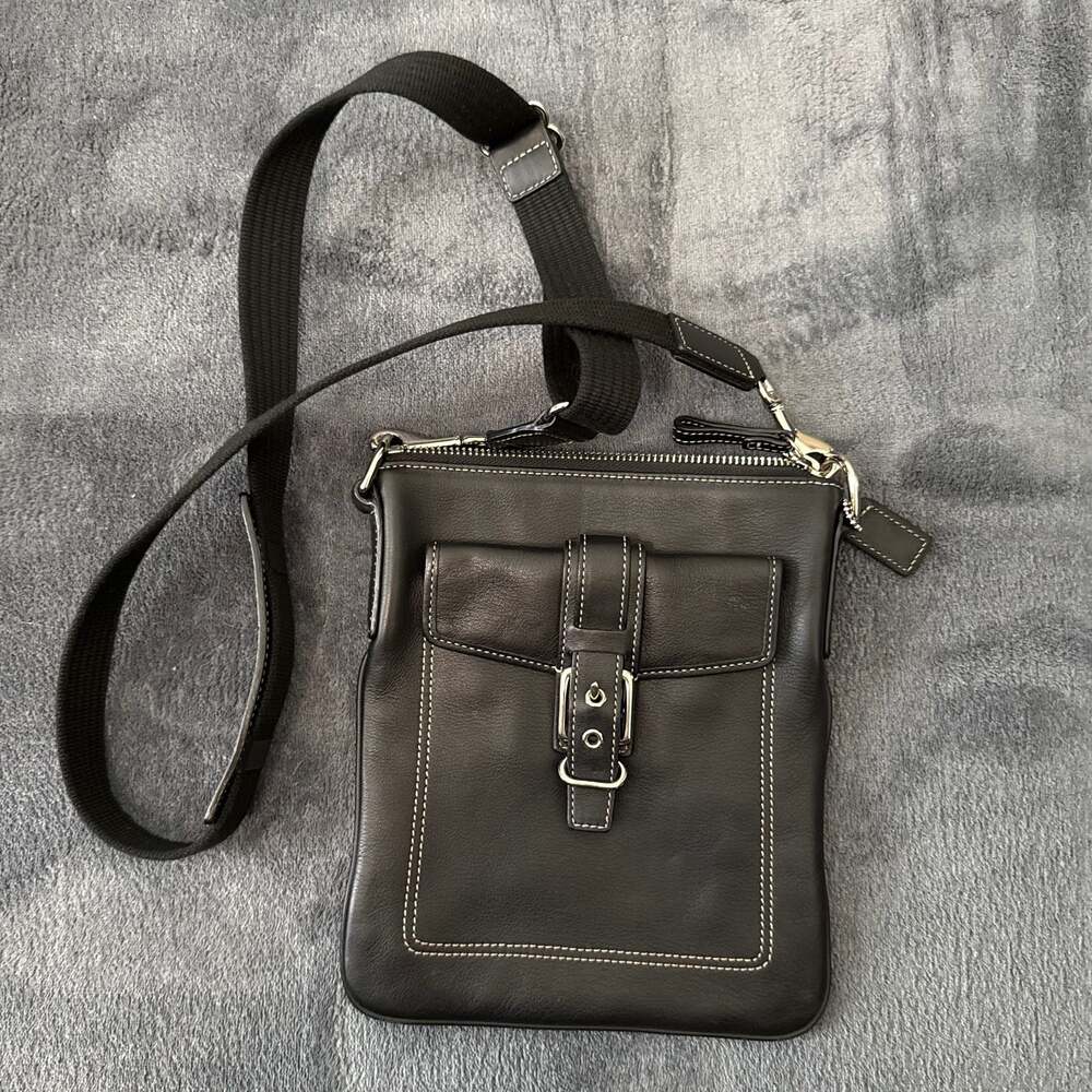 Coach Black Leather Crossbody Messenger Bag with Buckle Detail